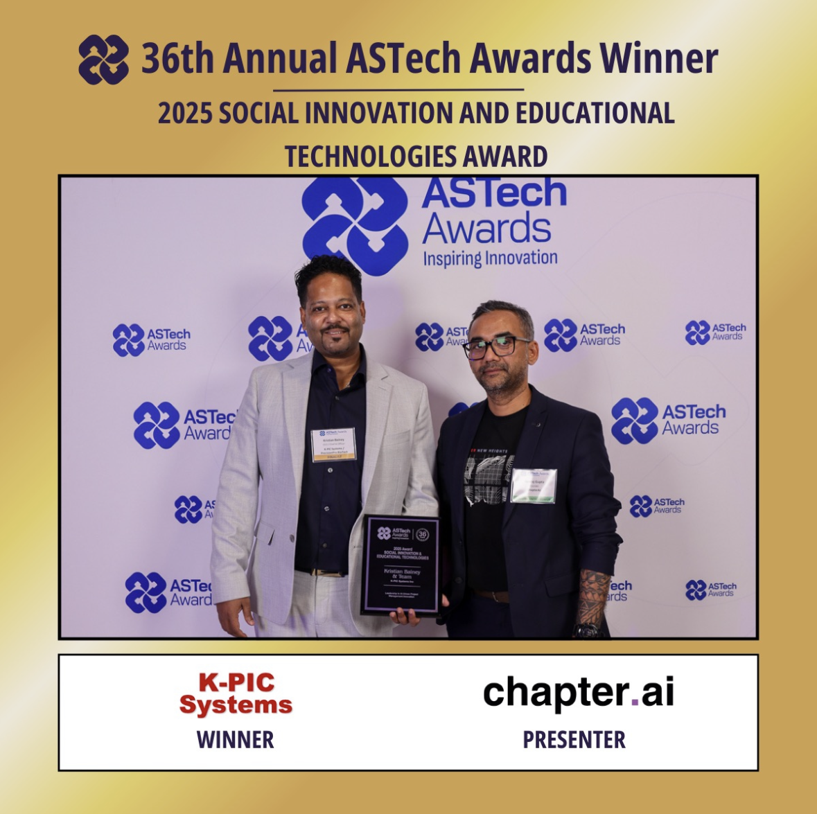 Kristian Bainey accepts the 2025 ASTech Award for Social Innovation and Educational Technologies on behalf of K-PIC Systems.
