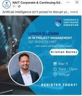 NAIT Corporate and Continuing Education lunch and learn announcement on AI in project management with Kristian Bainey